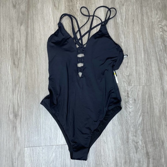 Bar III Women's Black Sunset Solids Strappy Ladder Plunge One-Piece Swimsuit - Picture 2 of 3